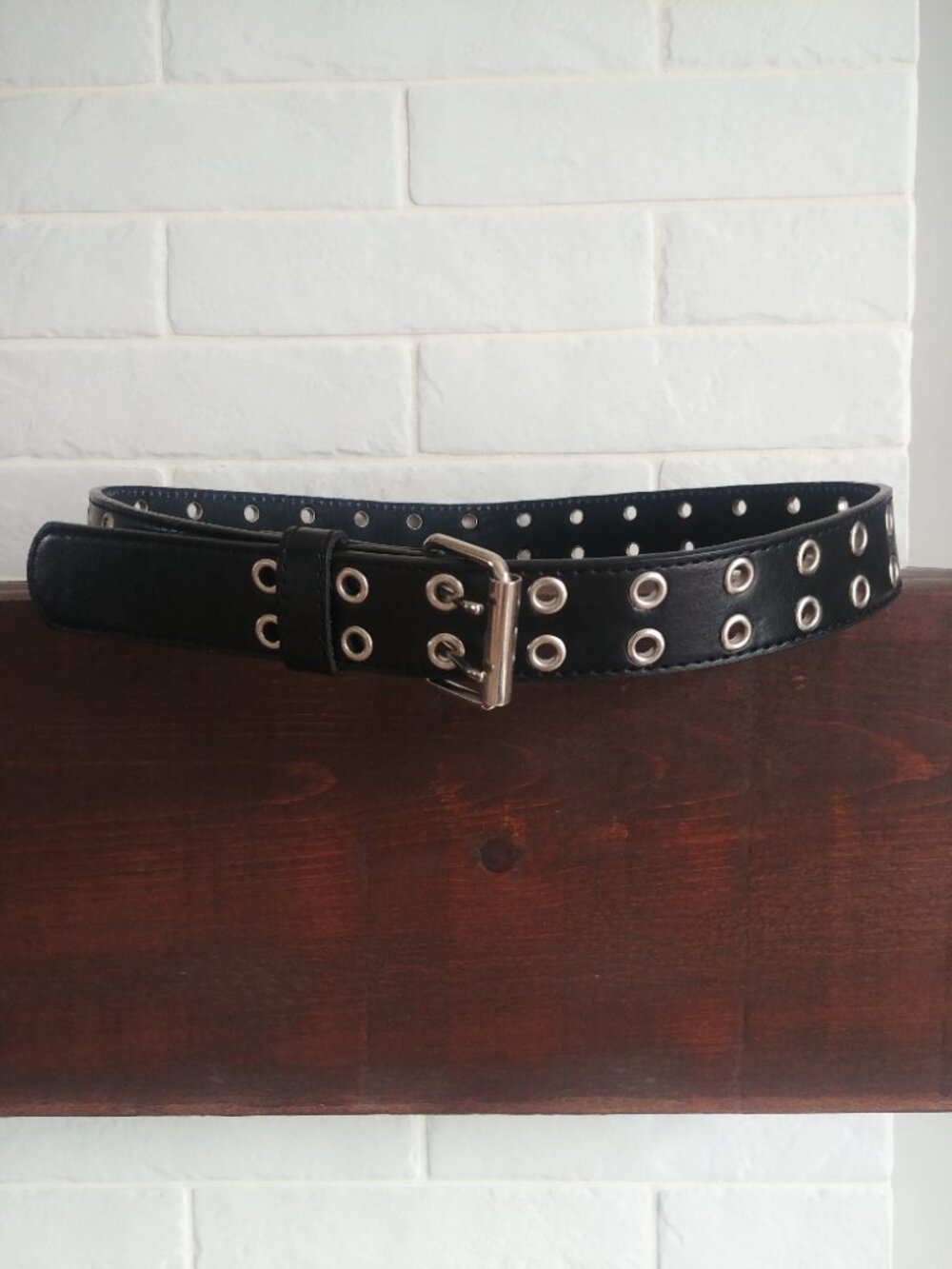 Italian Style split leather black wide double grommet belt with silver buckle